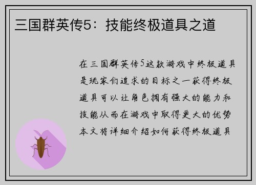 三国群英传5：技能终极道具之道
